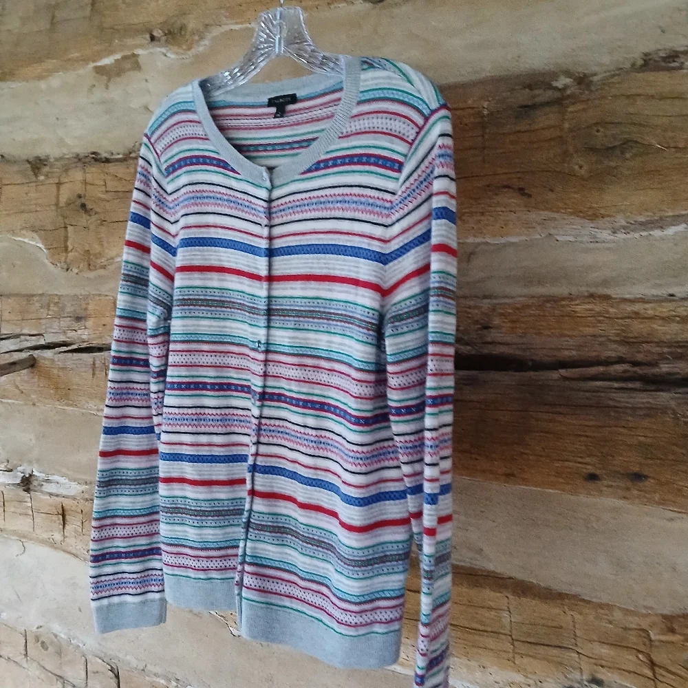 Talbots Red Blue Green Striped Crew Neck Nylon Lambswool Cardigan Large